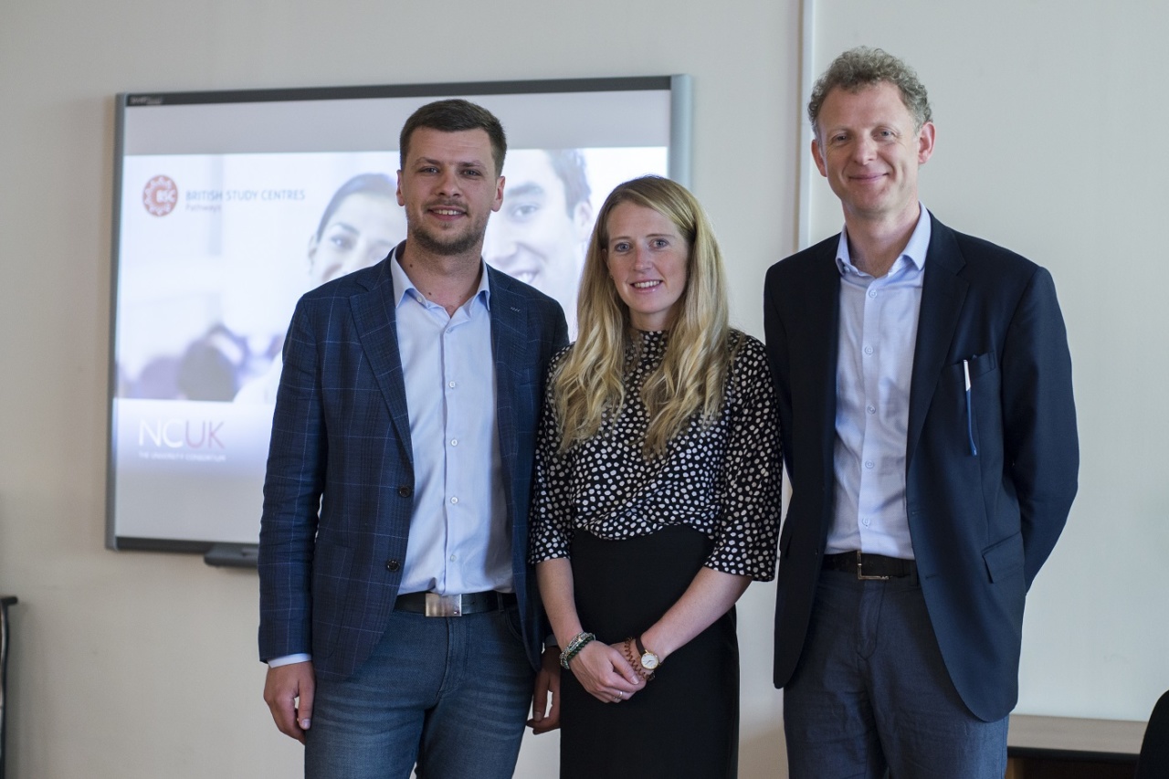 Director of BSC Ukraine Vladimir Naydyuk with NCUK Market Development Manager Amy-Rose Cauley and BSC Group Managing Director for Transnational Education and Chair of English UK Steve Phillips