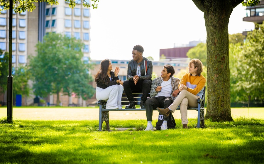 Students talking outside at the University of Leicester